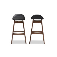 Baxton Studio Bloom Barstool-Black PVC Bloom Mid-century Retro Black Leather Walnut Wood 30-Inches Bar Stool Set of 2